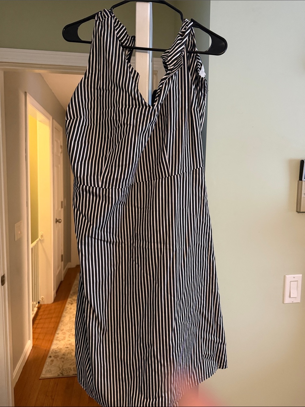 LOFT Black and White Striped V-Neck Midi Dress
